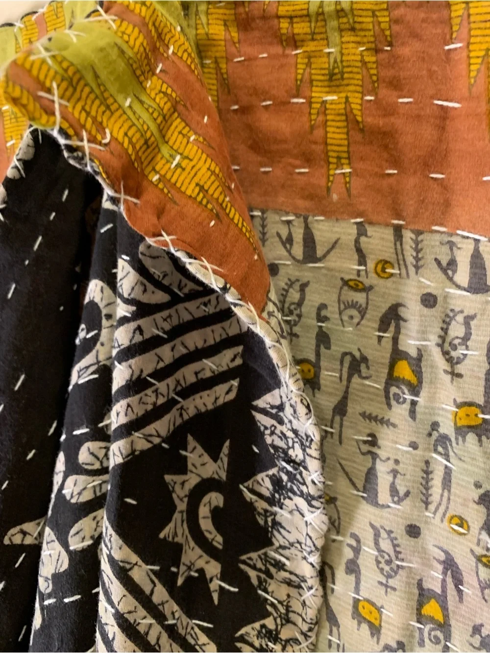 Handmade Kantha Quilt Twin Size Recycled Sari Cotton Grey Mustard Rust Black